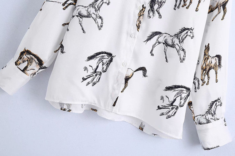 Satin Casual Female Shirt Horse Print