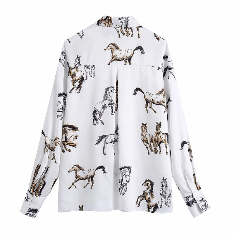 Satin Casual Female Shirt Horse Print