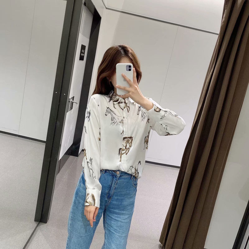 Satin Casual Female Shirt Horse Print