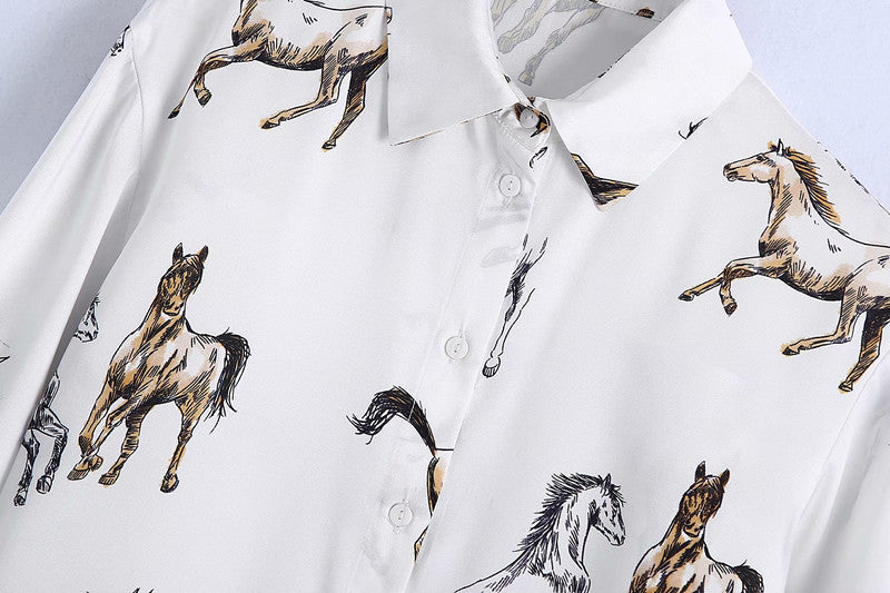 Satin Casual Female Shirt Horse Print