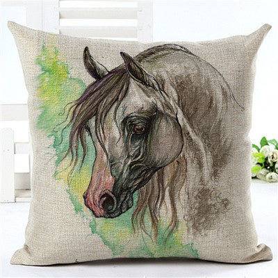 ivory pillowcase with greywatercolor horse on green