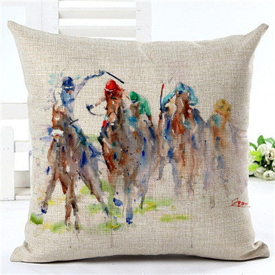 ivory pillowcase with watercolor racing horses