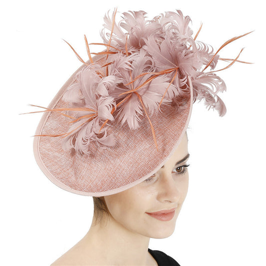 pink darby hat with feathers