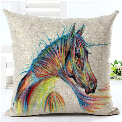 ivory pillowcase with blue and red watercolor horse