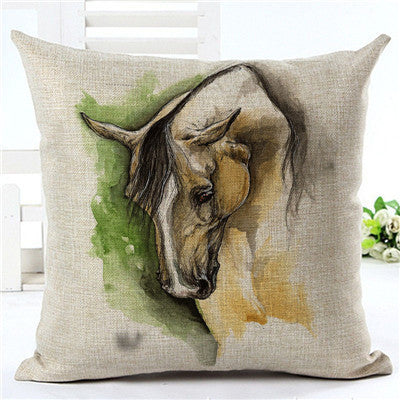 ivory pillowcase with yellow  gray watercolor horse on green
