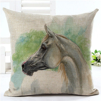 ivory pillowcase with gray watercolor horse on green