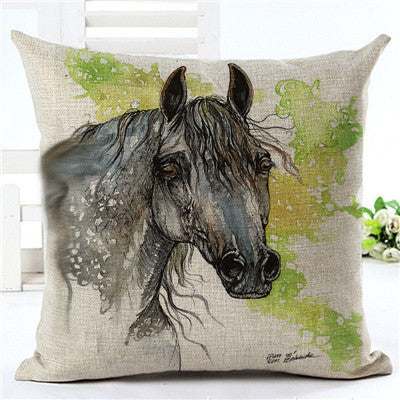 ivory pillowcase with ygrey watercolor horse on green