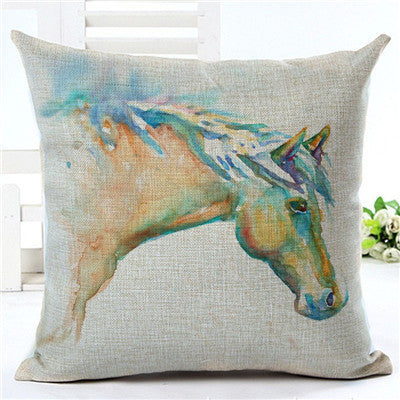 ivory pillowcase with blue-green-orange watercolor horse