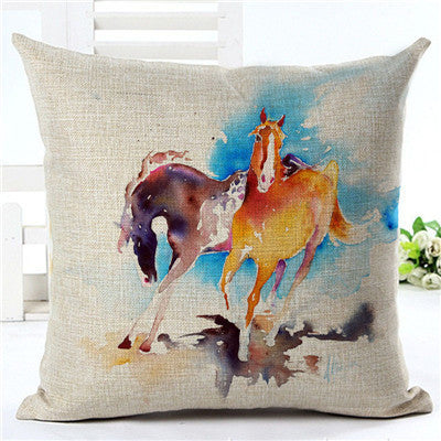 ivory pillowcase with yellow orange and black violet watercolor horseson the blue sky
