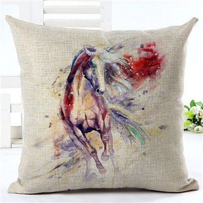 ivory pillowcase with purple watercolor horse on red